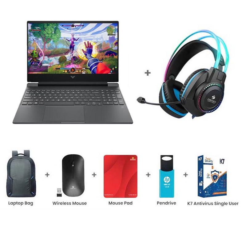 Picture of HP Victus - AMD Ryzen 7-7445HS 15.6" (39.6 cm) 15-fb3118AX Gaming Laptop (16GB DDR5-5600/ 512GB SSD/ Full HD Display/ 144 Hz/ NVIDIA GeForce RTX 4050 6GB/ Backlit Keyboard/ Windows 11 Home/ Windows 11 Home/ MS Office/ Performance blue/ 2.29 kg) Zebronics Zeb-Jet Premium Gaming Headphone + Laptop Bag + Wireless Mouse + Mouse Pad + Pendrive + K7 Antivirus Single User